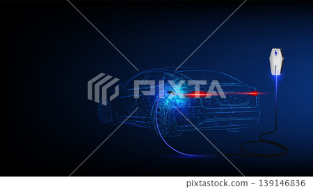 Electric car at charging station. Abstract Electric Power Charger EV Clean Energy Alternative Energy electric charger concept. Electronic vehicle power dock. Vector illustration. 139146836