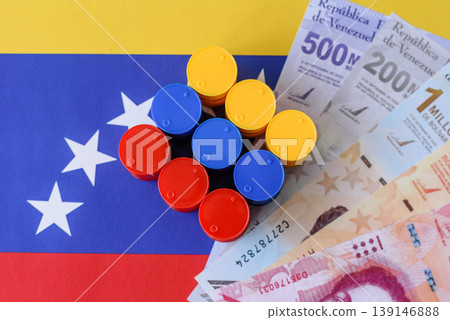 Metal barrels of oil, gas, or chemicals on the Venezuelan flag, Venezuela production. Barrels of oil Metal barrels of oil, gas, or chemicals on the Venezuelan flag, Venezuela production. Barrels of oil 139146888