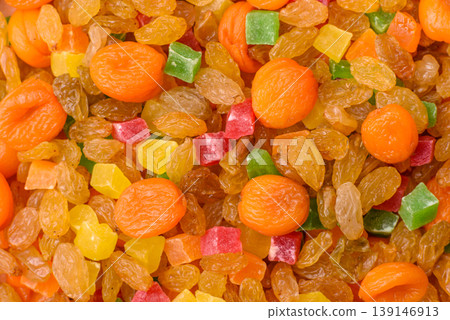 Dried apricots, raisins, and candied fruits as ingredients for baked goods and sweets. Dried fruits 139146913