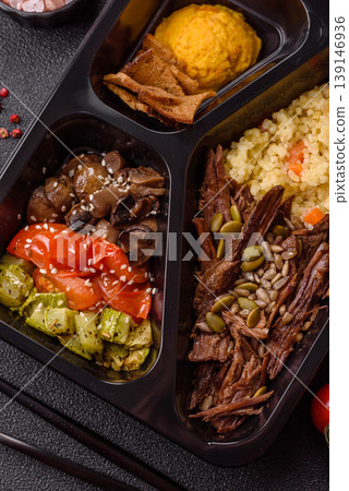 A bowl with beef, porridge, mushrooms, vegetables, sauce, and spices. Beef bowl A bowl with beef, porridge, mushrooms, vegetables, sauce, and spices. Beef bowl 139146936