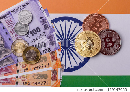 A conceptual financial background, Bitcoin against the Rupee. Bitcoin on the Indian currency A conceptual financial background, Bitcoin against the Rupee. Bitcoin on the Indian currency 139147033
