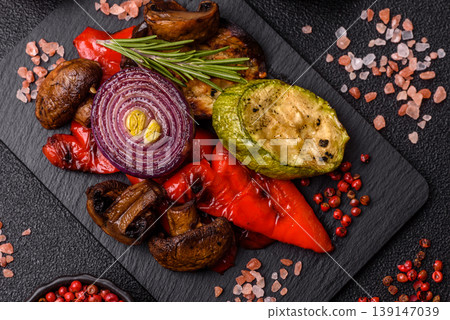 Grilled vegetables: bell peppers, zucchini, eggplant, onions, and corn. Grilled vegetables 139147039