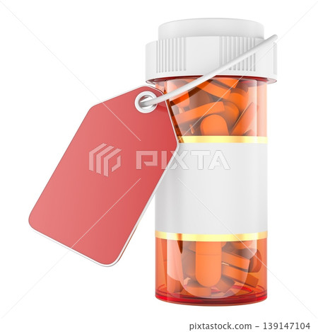 Pill bottle with blank label and red tag. 3D rendering 139147104