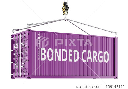 Bonded Cargo concept with shipping container suspended by crane. 3D rendering Bonded Cargo concept with shipping container suspended by crane. 3D rendering 139147111