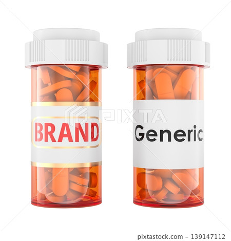 Brand and Generic medicine bottles. Comparison, drug substitution and healthcare cost savings, 3d rendering 139147112