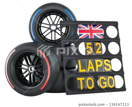 British racing, pit board with the United Kingdom flag and racing wheels with different compounds type tyres. 3D rendering 139147113