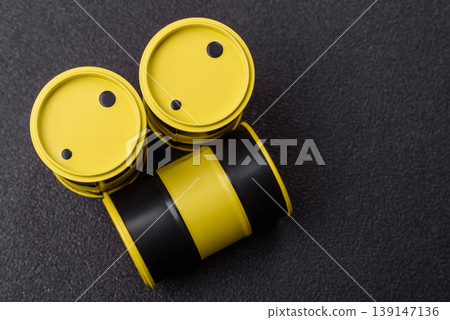Metal barrels containing oil, gas, or chemicals, global fuel prices, and trends. Oil barrels 139147136