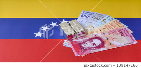 A silver bar, white metal against a flag of venezuela, as a concept for the sales. A silver bar 139147166