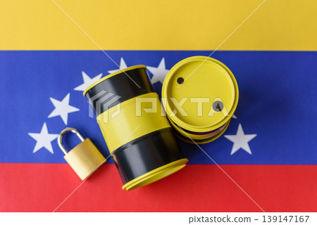 Barrels of oil, gas, or chemicals on the venezuelan flag and a ban sign. Barrels of venezuela oil 139147167
