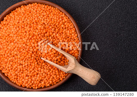 Raw red lentils as a source of protein for a healthy vegan meal. Red lentils 139147280