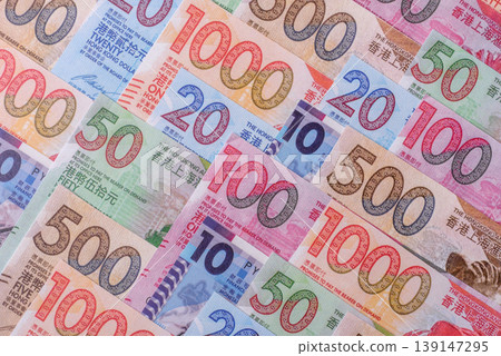 Hong Kong paper money, cash currency for exchange and financial transactions. Hong Kong money Hong Kong paper money, cash currency for exchange and financial transactions. Hong Kong money 139147295