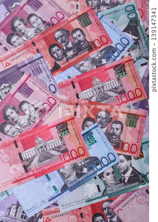 Dominican republic money, peso currency, banknotes of various denominations. Dominican money, peso 139147341