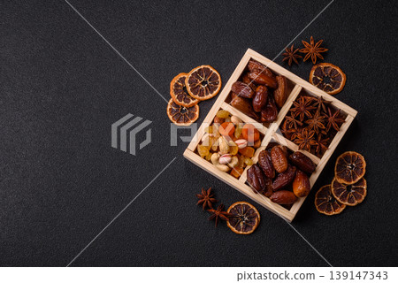 Dried dates on a ceramic plate for Ramadan or Iftar. Dates fruit as a background Dried dates on a ceramic plate for Ramadan or Iftar. Dates fruit as a background 139147343