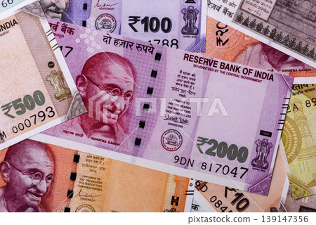 Indian paper currency, rupees, for financial transactions and exchange. Indian rupee currency 139147356