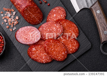 Sliced smoked pepperoni or salami as a pizza topping. Pepperoni sausage Sliced smoked pepperoni or salami as a pizza topping. Pepperoni sausage 139147391