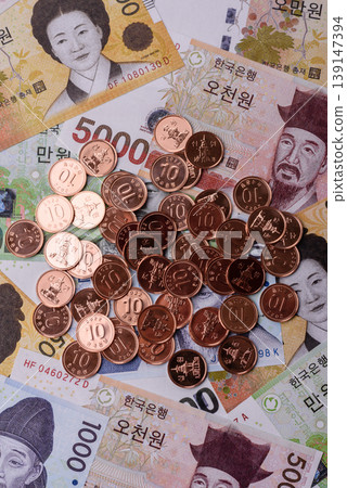 Korea, Korean cash bills, and the won currency for exchange and financial transactions. Korean won Korea, Korean cash bills, and the won currency for exchange and financial transactions. Korean won 139147394