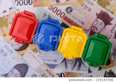 Bins for garbage, a conceptual background for selective and recycling waste disposal. Bins for trash Bins for garbage, a conceptual background for selective and recycling waste disposal. Bins for trash 139147396