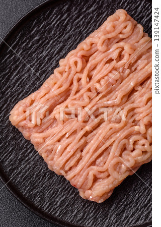 Raw fresh ground chicken, turkey, or pork for burgers or meatballs. Raw ground chicken 139147424