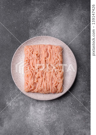 Raw fresh ground chicken, turkey, or pork for burgers or meatballs. Raw ground chicken 139147426