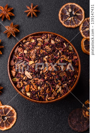 Dry herbal or fruit tea with flower petals and aromatic additives. Dry fruit herbal tea Dry herbal or fruit tea with flower petals and aromatic additives. Dry fruit herbal tea 139147431