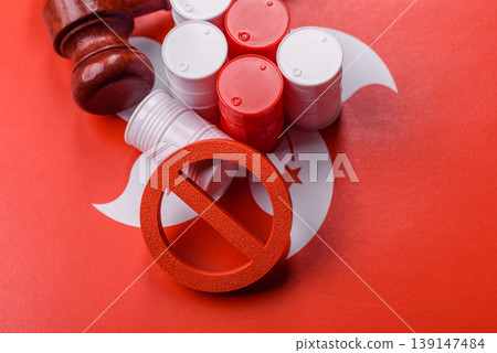 Barrels of oil, gas, or chemicals on the hong kong flag and a ban sign. Barrels of hong kong oil 139147484