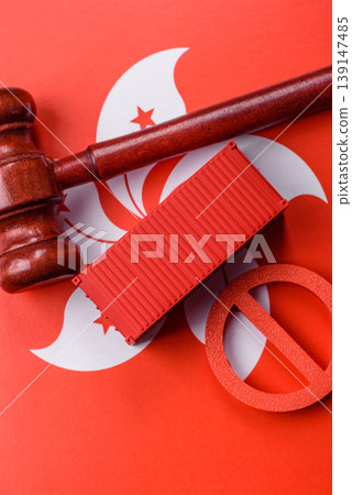 The cargo container ban on the Norwegian flag as a conceptual backdrop. The cargo container embargo The cargo container ban on the Norwegian flag as a conceptual backdrop. The cargo container embargo 139147485