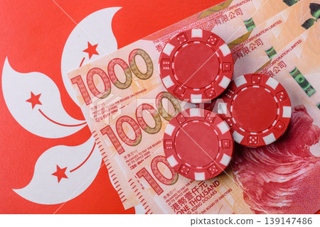 Playing cards and chips on a table, a gambling game of blackjack or baccarat. Cards and chips 139147486