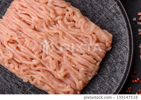 Raw fresh ground chicken, turkey, or pork for burgers or meatballs. Raw ground chicken 139147518