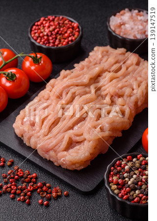 Raw fresh ground chicken, turkey, or pork for burgers or meatballs. Raw ground chicken 139147519