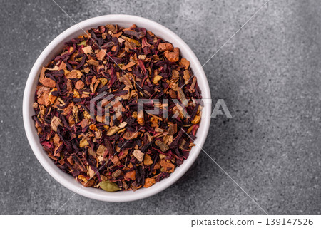Dry herbal or fruit tea with flower petals and aromatic additives. Dry fruit herbal tea 139147526