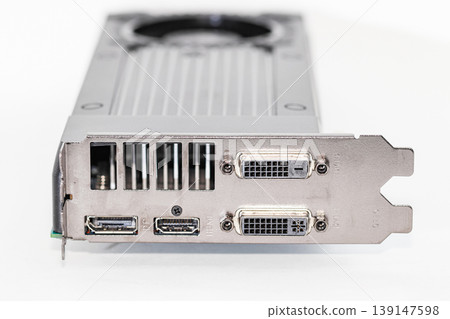 Graphics card show display port, HDMI, and DVI-D and DVI-I interface isolated on white background. 139147598