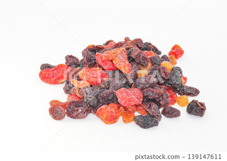 various of black, white raisins and Dried cherry tomatoes isolated on white background. various of black, white raisins and Dried cherry tomatoes isolated on white background. 139147611