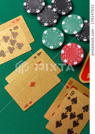 Casino, cards and chips on a colored background, poker and blackjack. Cards and chips Casino, cards and chips on a colored background, poker and blackjack. Cards and chips 139147652
