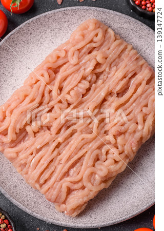 Raw fresh ground chicken, turkey, or pork for burgers or meatballs. Raw ground chicken 139147724