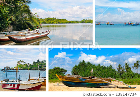 Scenic Travel Mosaic of Sri Lankan Fishing Boats and Turquoise Waters 139147734
