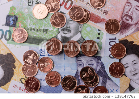 Korea, Korean cash bills, and the won currency for exchange and financial transactions. Korean won Korea, Korean cash bills, and the won currency for exchange and financial transactions. Korean won 139147762