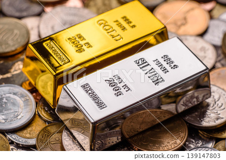 Gold and silver bullion or ingots as metals for bank storage, investments. Gold and silver bars Gold and silver bullion or ingots as metals for bank storage, investments. Gold and silver bars 139147803