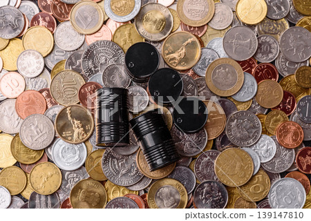 Metal barrels containing oil, gas, or chemicals, with a prohibition sign. Oil barrels 139147810