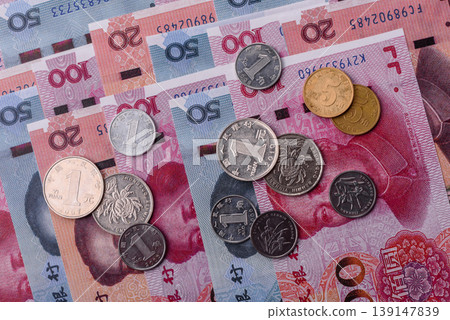 Chinese paper money, yuans in various denominations. China money 139147839