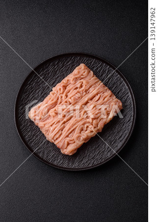 Raw fresh ground chicken, turkey, or pork for burgers or meatballs. Raw ground chicken 139147962