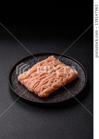 Raw fresh ground chicken, turkey, or pork for burgers or meatballs. Raw ground chicken 139147963