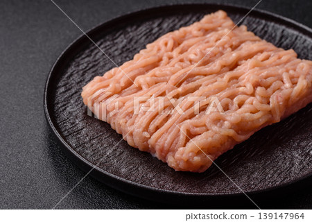 Raw fresh ground chicken, turkey, or pork for burgers or meatballs. Raw ground chicken 139147964
