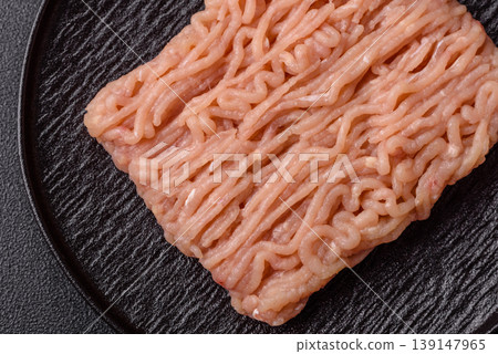 Raw fresh ground chicken, turkey, or pork for burgers or meatballs. Raw ground chicken 139147965