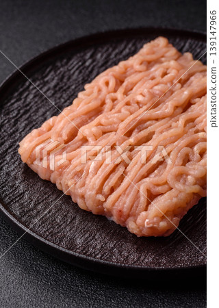 Raw fresh ground chicken, turkey, or pork for burgers or meatballs. Raw ground chicken 139147966