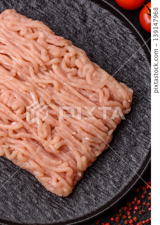 Raw fresh ground chicken, turkey, or pork for burgers or meatballs. Raw ground chicken 139147968