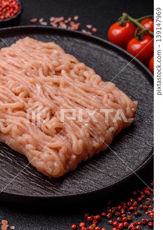 Raw fresh ground chicken, turkey, or pork for burgers or meatballs. Raw ground chicken 139147969