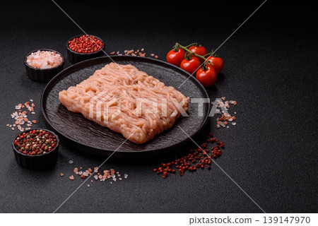 Raw fresh ground chicken, turkey, or pork for burgers or meatballs. Raw ground chicken 139147970