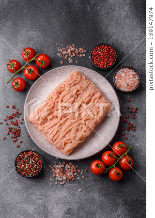 Raw fresh ground chicken, turkey, or pork for burgers or meatballs. Raw ground chicken 139147974