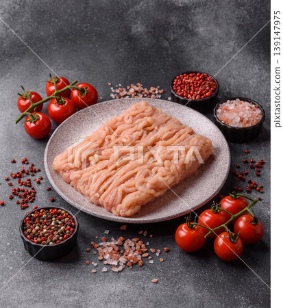 Raw fresh ground chicken, turkey, or pork for burgers or meatballs. Raw ground chicken 139147975