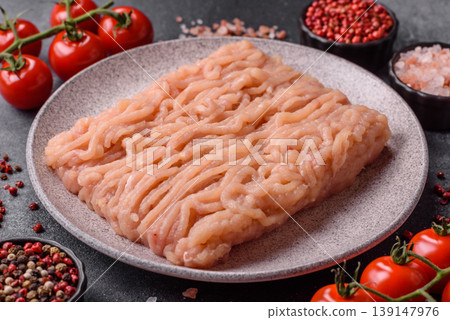 Raw fresh ground chicken, turkey, or pork for burgers or meatballs. Raw ground chicken 139147976